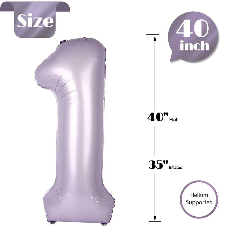Lilac Number 1 Balloon 40 Inch, 1st Birthday Balloon for Baby Boy Girl Toddler First Birthday Decorations, Shiny Lilac Party Supplies