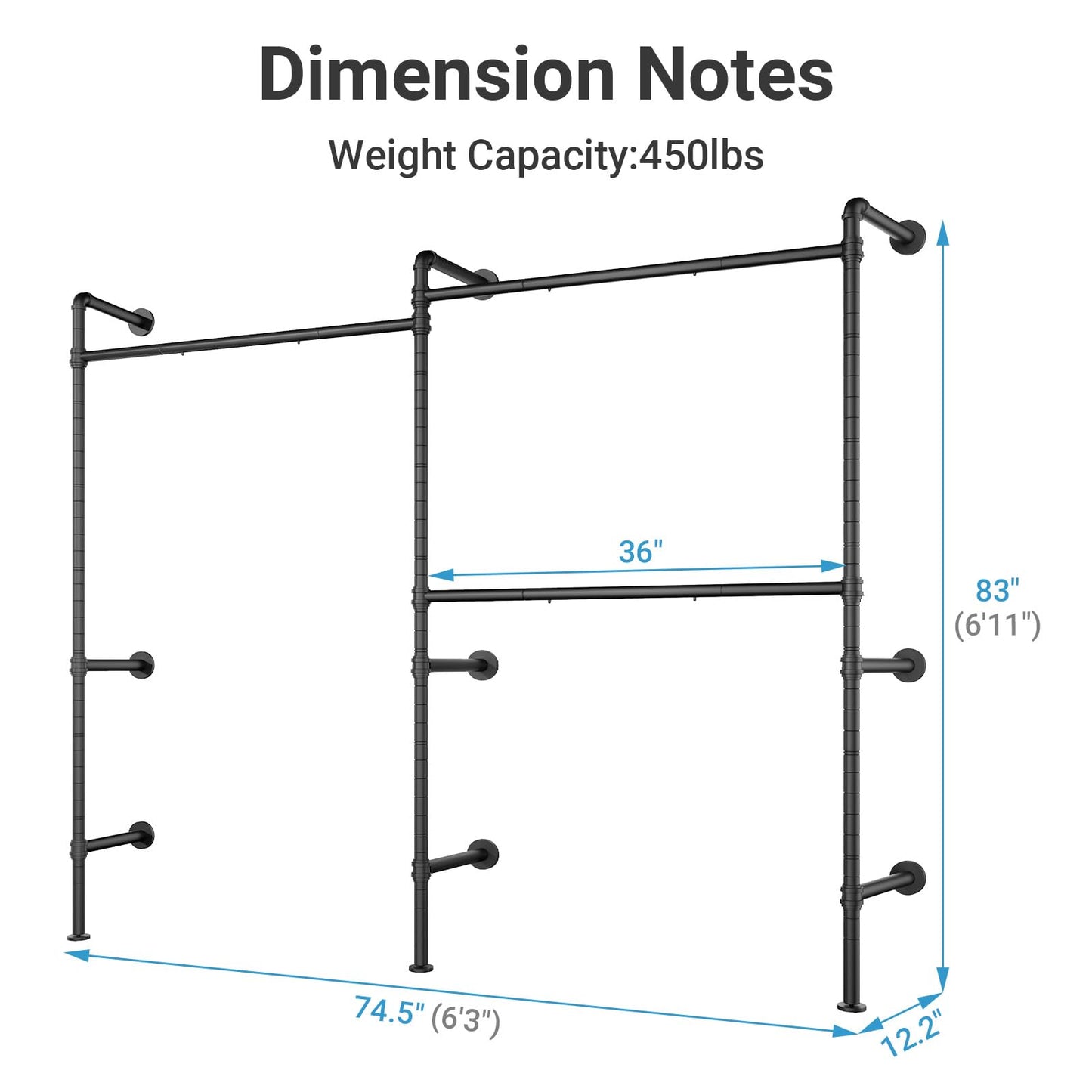 Timate P2 Industrial Pipe Clothes Rack, Wall Mounted Open Closet System with 3 Hanging Rods, L-Shape & Straight Configuration Garment Rack for Closet, Bedroom, Apartment, Retail Display, Black