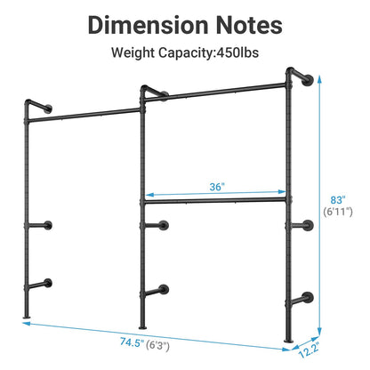 Timate P2 Industrial Pipe Clothes Rack, Wall Mounted Open Closet System with 3 Hanging Rods, L-Shape & Straight Configuration Garment Rack for Closet, Bedroom, Apartment, Retail Display, Black