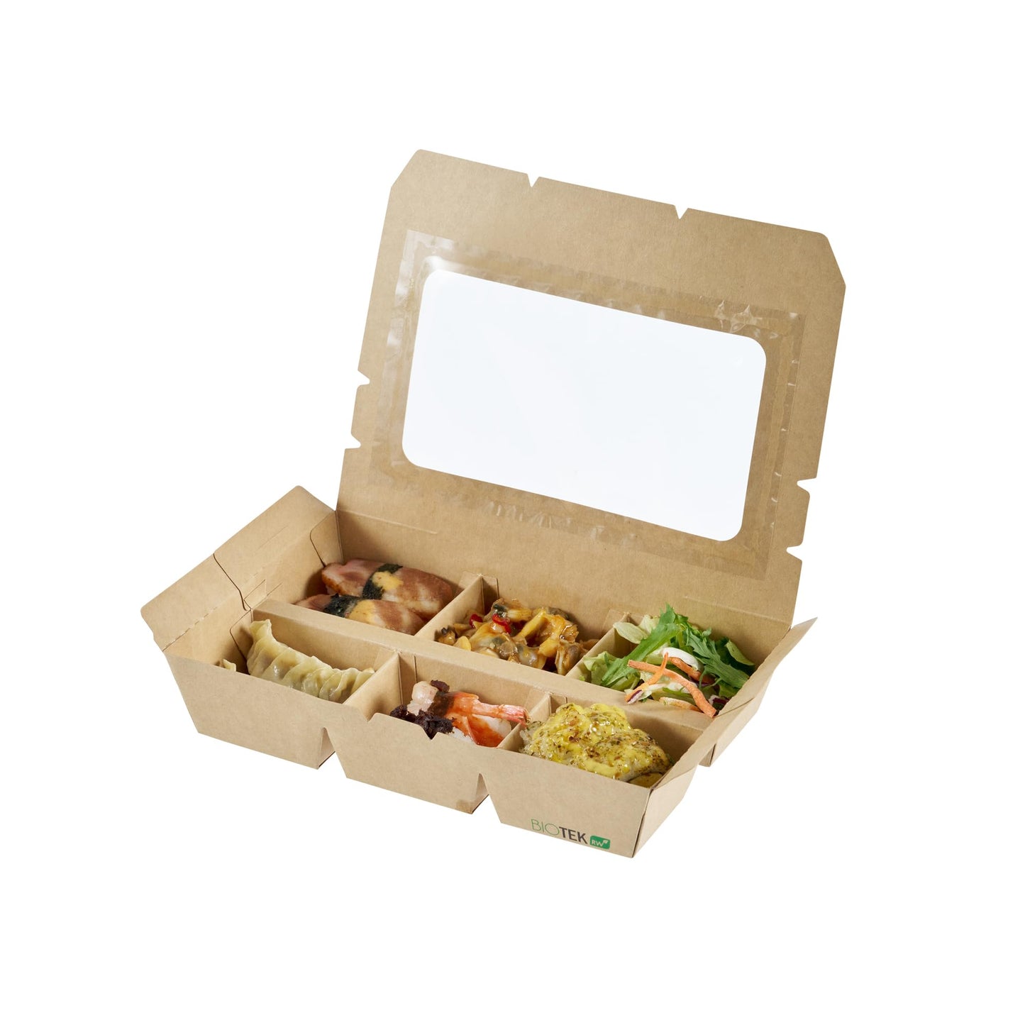 Restaurantware Take Out Box 200 Pack of 23 oz Paper 6-Compartment Food Container Grease-Resistant with Window Kraft Bento Box for Cookies, Sandwiches, Takeaway