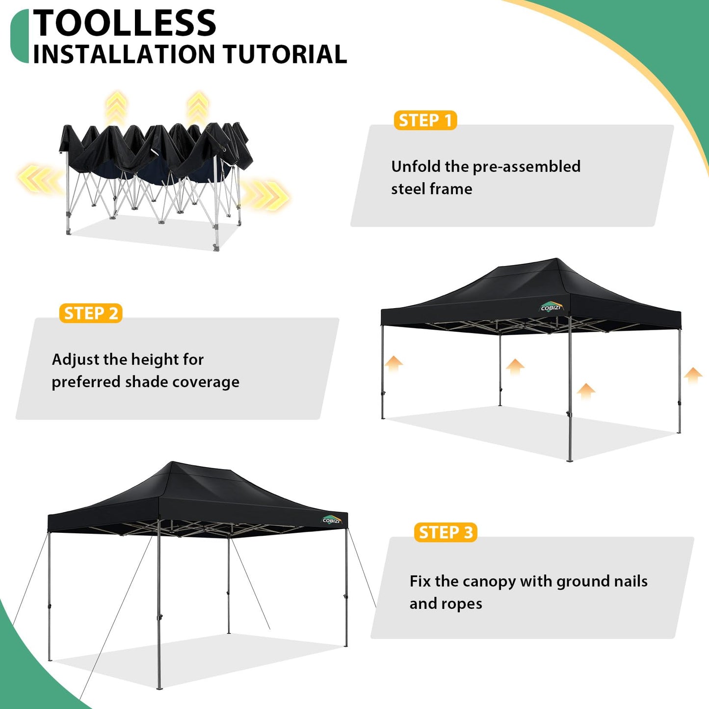COBIZI 10x15 Heavy Duty Pop Up Canopy Tent with 4 Sidewalls Thicken Frame, Commercial Easy Up Outdoor Wedding Party Tents, All Season Waterproof Windproof with Stakes Sandbags Ropes Bag, Black