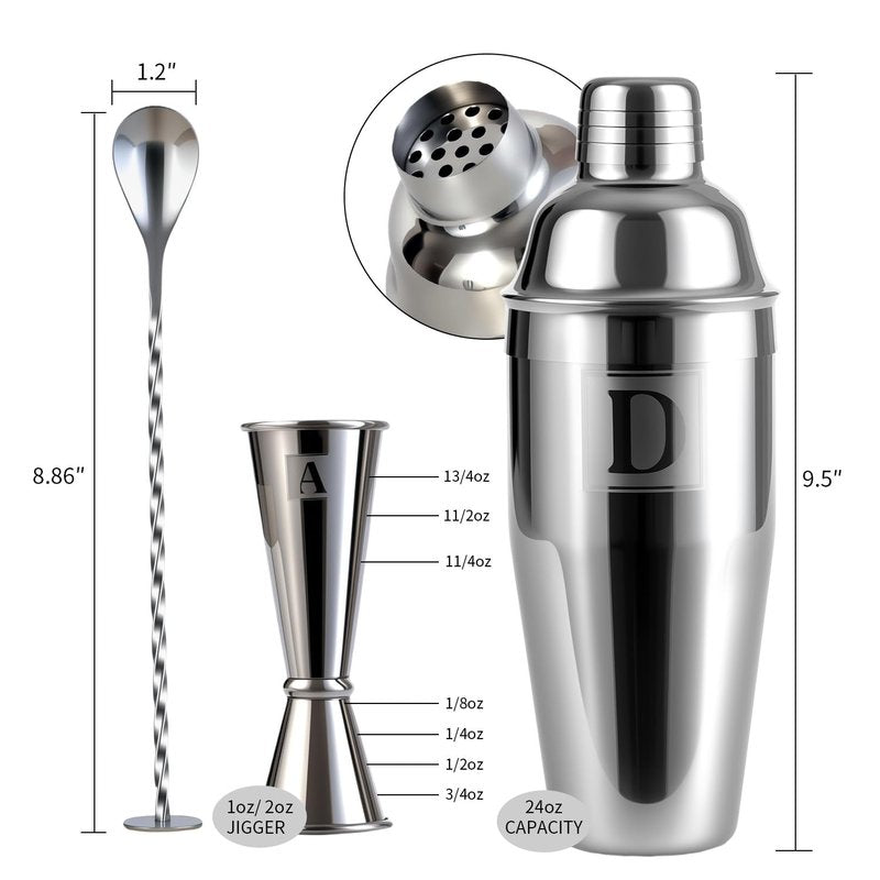 Thecosky 24oz Cocktail Shaker Set with Minimun 1/8oz Scale 1 oz 2oz Jigger - Monogramm Initials Martini Shaker Set - 304 Stainless Steel Bar Shaker - Personalized Gift for Friend,Husband-Blank