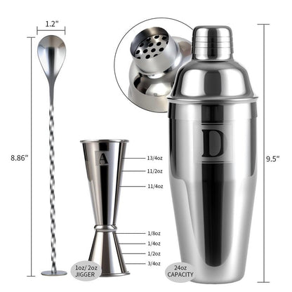 Thecosky 24oz Cocktail Shaker Set with Minimun 1/8oz Scale 1 oz 2oz Jigger - Monogramm Initials Martini Shaker Set - 304 Stainless Steel Bar Shaker - Personalized Gift for Friend,Husband-Blank