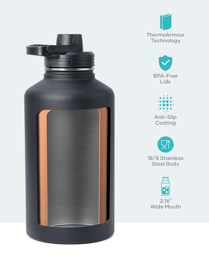 BUZIO 64 oz Water Bottle Insulated with Straw & 3 lid, 7.4 Qt/7 L Insulated Ice Bucket with Lid and Scoop & Tongs for Parties, Double Wall Vacuum Stainless Steel, Holds 6 Longnecks or 3 Wine Bottles,