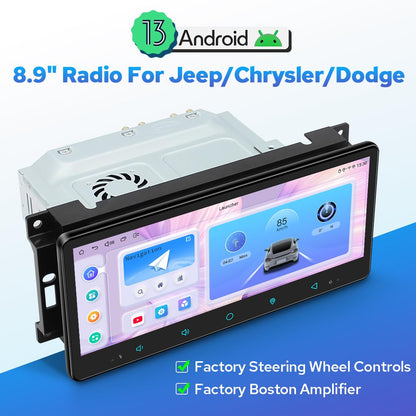 JOYING Car Radio for Jeep Wrangler Jk Patriot Compass Grand Cherokee/Chrysler/Dodge (2007-2017), 8.9" IPS Touch Screen Android 13 Stereo 4gb+64gb with Wireless Carplay, Android Auto(JY-JP102T4)