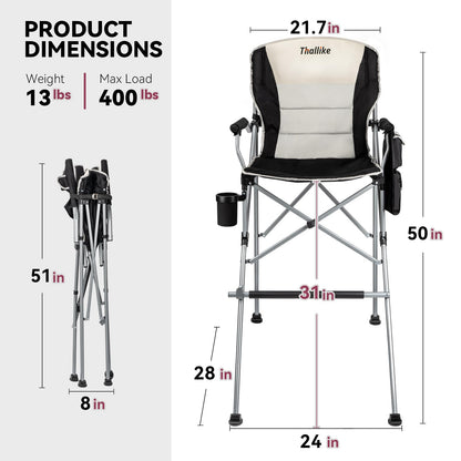 Thallike Foldable Directors Makeup Salon High Chair - Portable Camping Bar Height Folding Photoshoot Chairs with Stroage Bag Cup Holder Non-Slip Footrest, Supports 400 lbs Black Tall Director Chair