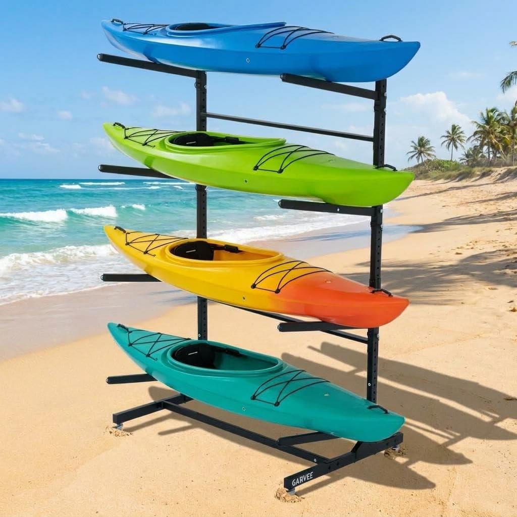 GarveeLife Heavy Duty 4-Tier Freestanding Kayak Storage Rack with Adjustable Detachable Wheels – Stand for Kayaks, Canoes, SUPs, Surfboards – Indoor or Outdoor, Garage Paddleboard Organizer,