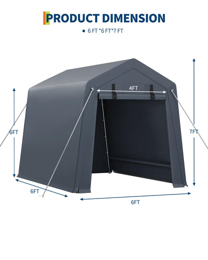 6x6 Ft Carport Heavy Duty Tent with Roll-Up Windows, Portable Garage with Removable Sidewalls & Doors, Car Canopy All-Season Tarp for Car Boat Truck Motorcycle, Grey