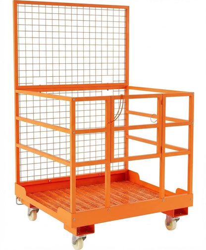 43x45 in Forklift Safety Cage Man Basket, 1800 LB Capacity, Heavy Duty Steel Forklift Work Platform with Railing & Wheels for Warehouse Factory Maintenance, Orange