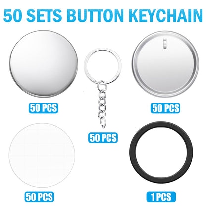 Button Maker Keychains Supplies, 200 Pcs 58mm Pin Maker Set, Metal Button Maker Supplies with Metal Shell Cover, Transparent Film & Chain Head