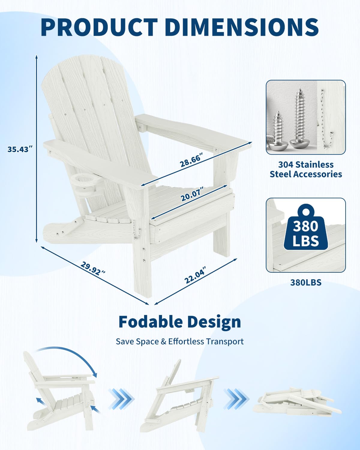 Garvee Folding Adirondack Chair Set of 4 with 2 Side Table, HDPE Outdoor Patio Chair with Cup Holder, All Weather Resistent Wooden Textured for patios, Decks, Gardens, fire Pit, White