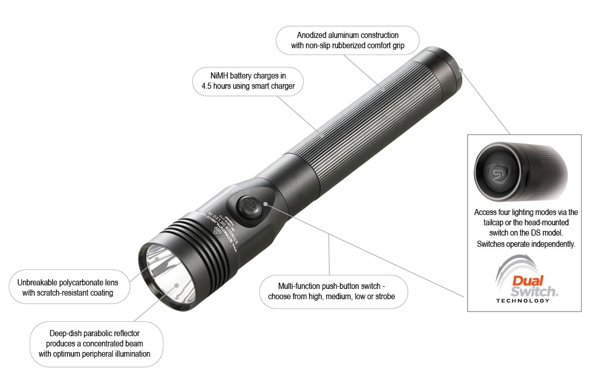 Streamlight 75454 Stinger DS HL 800-Lumen 24000-Candela Rechargeable LED Flashlight with Dual Switches and 120-Volt AC/12-Volt DC Charger and 2-Holders, Black