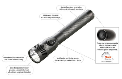 Streamlight 75454 Stinger DS HL 800-Lumen 24000-Candela Rechargeable LED Flashlight with Dual Switches and 120-Volt AC/12-Volt DC Charger and 2-Holders, Black