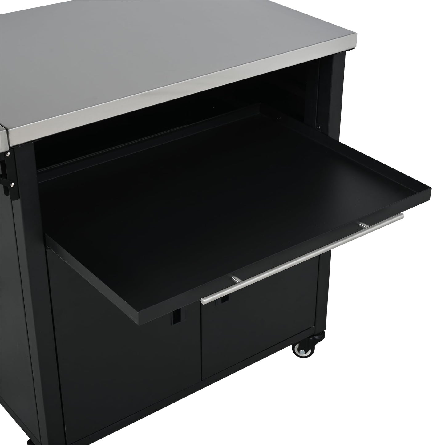 Merax Foldable Outdoor Kitchen Island & BBQ Prep Cart with Stainless Steel Top &Trash Rack & Lockable Wheels & Storage Cabinets – Portable Patio Dining Station for Grilling & Backyard & Camping, Black