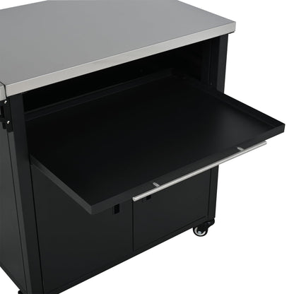 Merax Foldable Outdoor Kitchen Island & BBQ Prep Cart with Stainless Steel Top &Trash Rack & Lockable Wheels & Storage Cabinets – Portable Patio Dining Station for Grilling & Backyard & Camping, Black