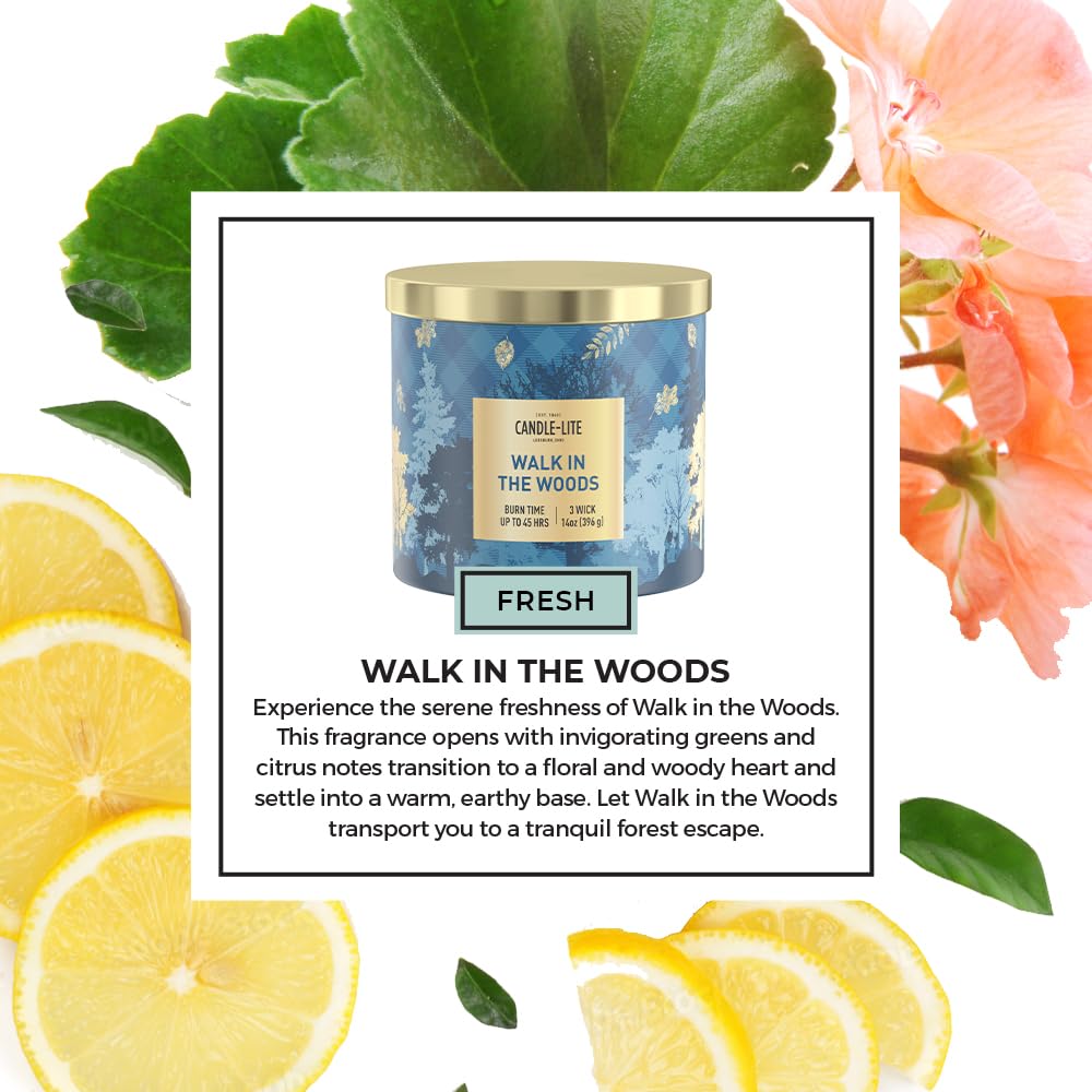 Candle-lite Fall Scented Candles, Fresh Greens with Rosewood and Cedarwood, 14 oz 3-Wick Jar Candle, Proudly Poured in The USA, Autumn Home Decor, 45 Hours of Burn Time, Ideal Gift for Men and Women