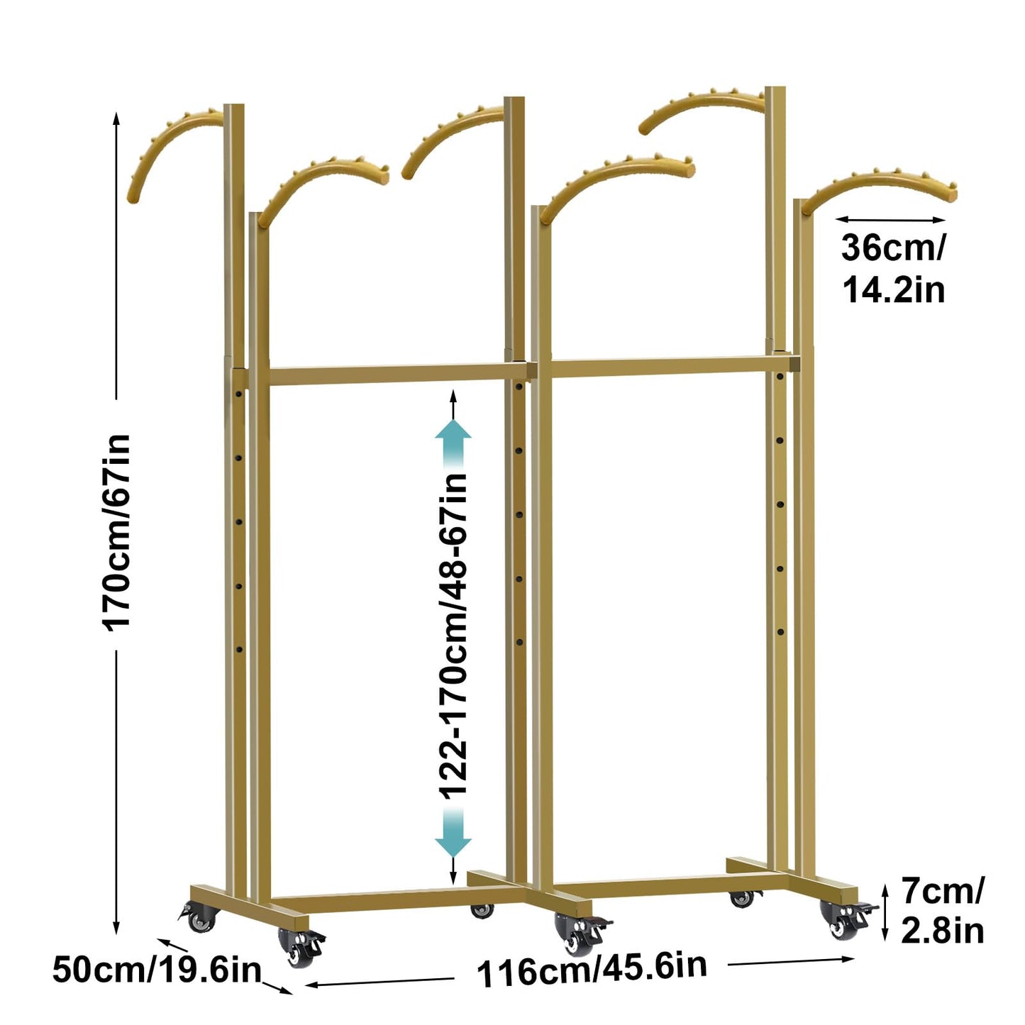 Vrietina Floor Standing Metal Garment Rack, 6 Arms Clothing Display Rack with Wheels, Heavy Duty 48'' to 67'' Adjustable Height Retail Clothes Rack Rolling Shirt Rack for Hanging Clothes, Gold