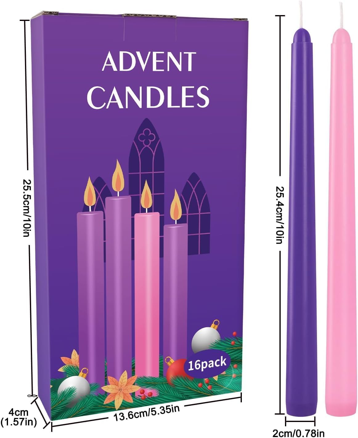 16-Pack Christmas Advent Candles (12 Purple & 4 Pink), 10 Inch Taper Candles for Holiday Decor - Unscented, Dripless & Long-Lasting for Church, Christmas, Weddings and Table Centerpieces