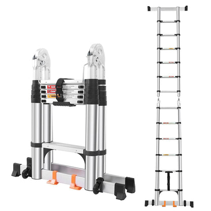 Telescoping Ladder A Frame 12.5 FT, Extension Ladder with Balance Bar & Stabilizers, Collapsible Foldable Ladder for Indoor & Outdoor & Rvs, Multi-Position Compact Ladder for Home, 330lbs Capacity