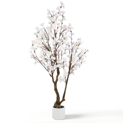Artificial Cherry Blossom Tree, 7FT Tall Artificial Tree with White Pot, White Fake Sakura Flower Tree, Faux Silk Plants for Home, Living Room, Wedding, Garden, Balcony, Hotel Decoration