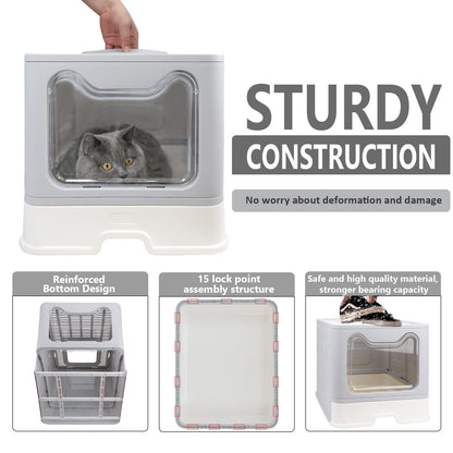 Foldable Cat Litter Box with Lid, Enclosed Potty, Large Top Entry Anti-Splashing Toilet, Easy to Clean Including Litter Scoop and 2-in-1 Cleaning Brush (Grey)