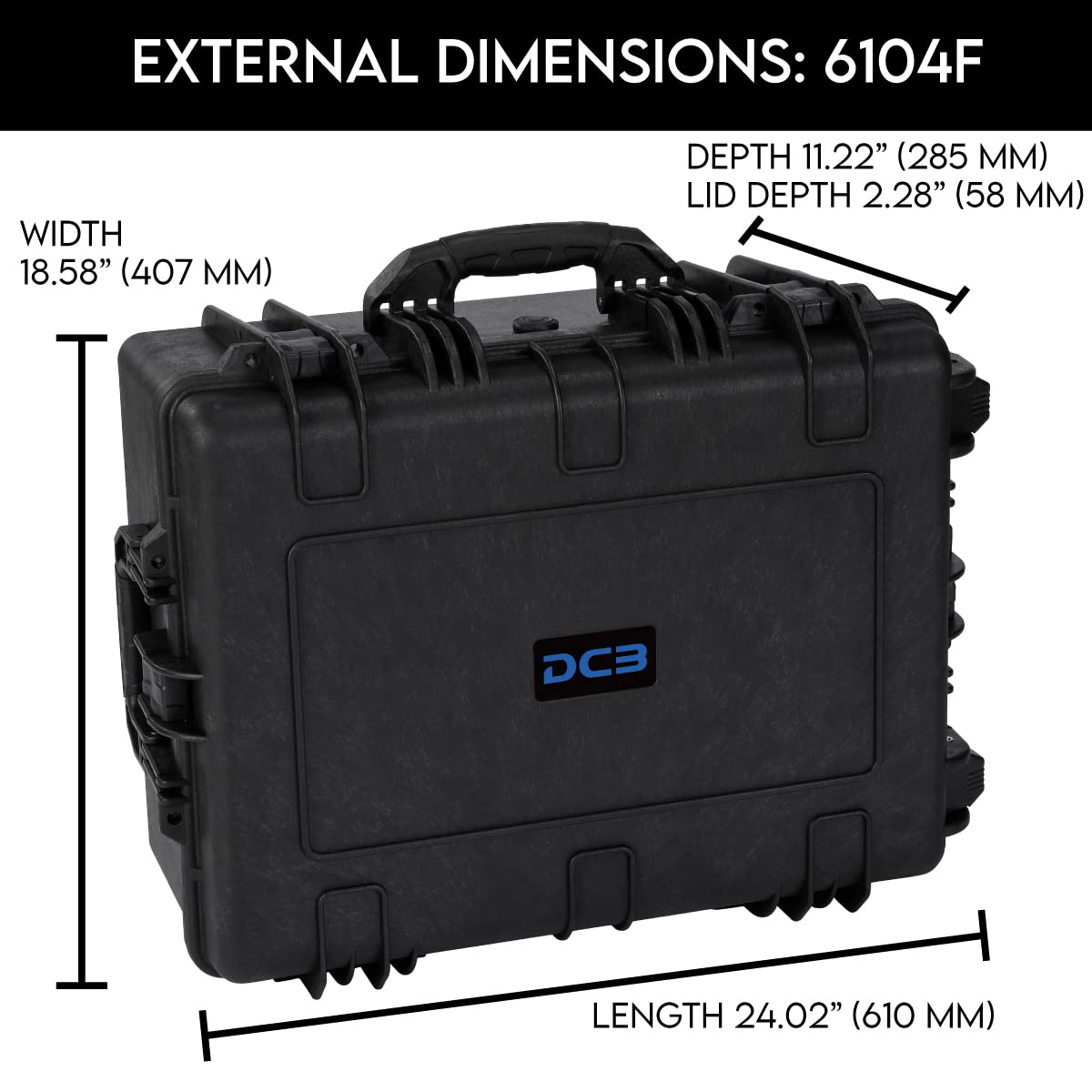 DCB Cases - Element 6104F | 24 x 19 x 11 Ext Dim | IP67 Waterproof | Pluck Foam Insert | Telescoping Handle | Rubberized Grips | Resin-Reinforced Injection Molded Plastic | 4 Latch Lid Close | Wheels