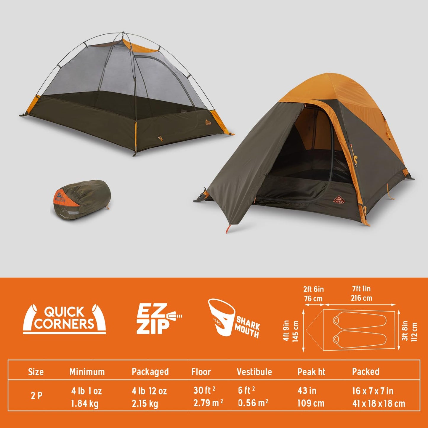 Kelty Grand Mesa 2P Backpacking Tent – 3 Season 2 Man Camping Thru Hiking Shelter, Aluminum Poles, Single Door + Vestibule Model (2P)