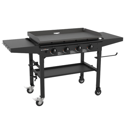 Blackstone 36 Inch 4 Burner 60,000 BTU Portable Steel Griddle Cooking Station with Foldable Legs, Grease Pan, and Storage Rack, Black