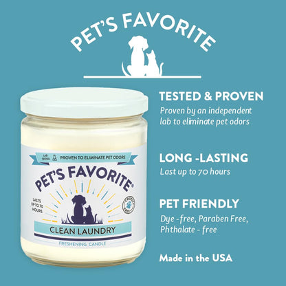 Pet's Favorite Plant Based Odor Candle for Home, Fresh Laundry Scent, Clean Burning Pet Friendly Air Freshener with a Natural Fiber Wick and 70 Hour Burn Time