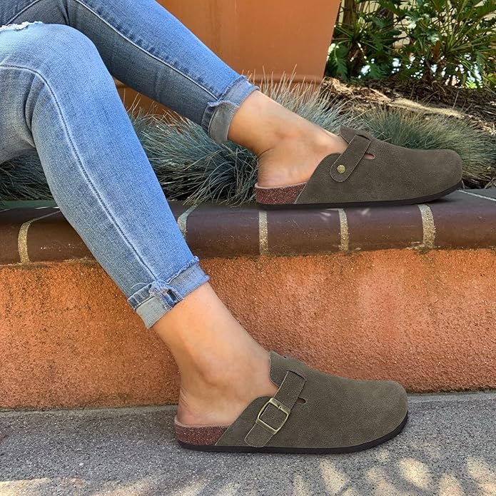 KIDMI Women's Genuine Suede Clogs Cork Footbed Sandals Leather Mules Potato Shoes with Arch Support Army Green 36 (Size 5.5-6)