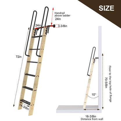 LKCBITION 72inch Knotty Pine Wood Library Ladder with Black Metal Step and Handle, Includes 24inch Rustic Black Wall Mount Pipe Railing with Hooks(Suitable Installation Height 70-5/8")