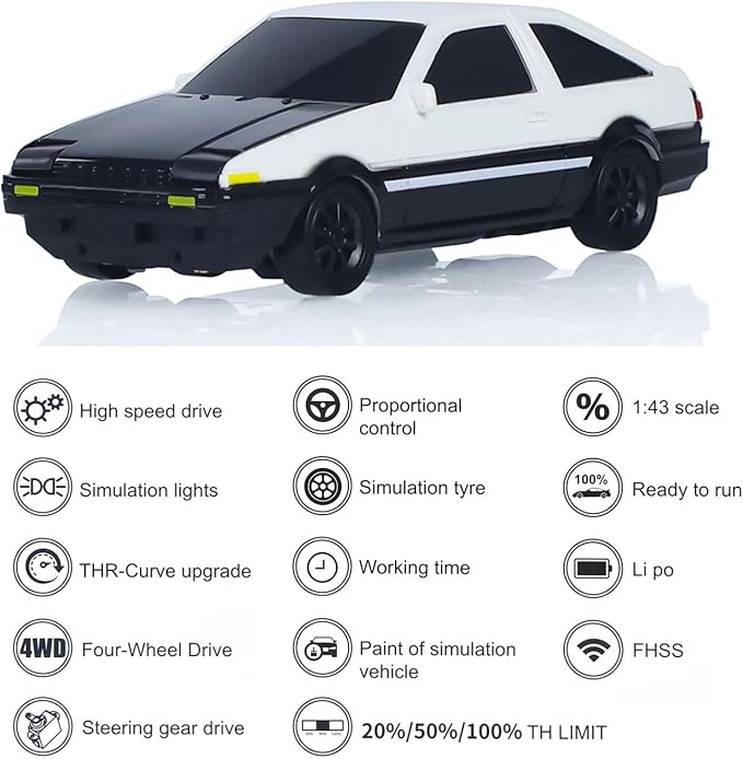 TOUCAN RC HOBBY 1/43 Rc Drift Car AE86 15km/h High Speed 2.4G Radio Controlled Racing Vichle Fully Proportional 4WD RTR Mini Model Dual Hazard Lights Radio Battery 14+