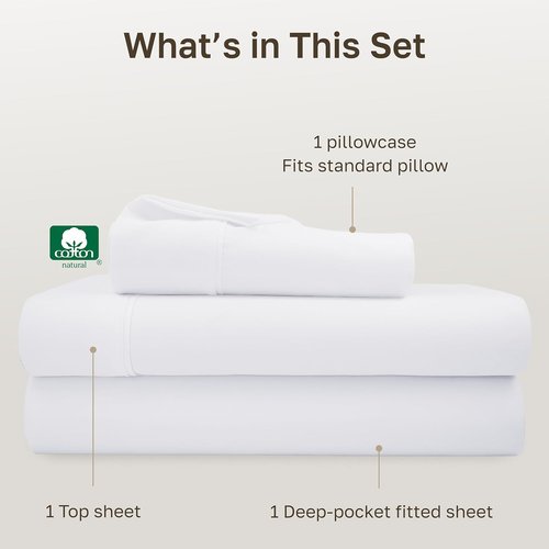 California Design Den Twin Sheet Set - 100% Soft Cotton, 400 Thread Count, Silky Smooth & Breathable - White