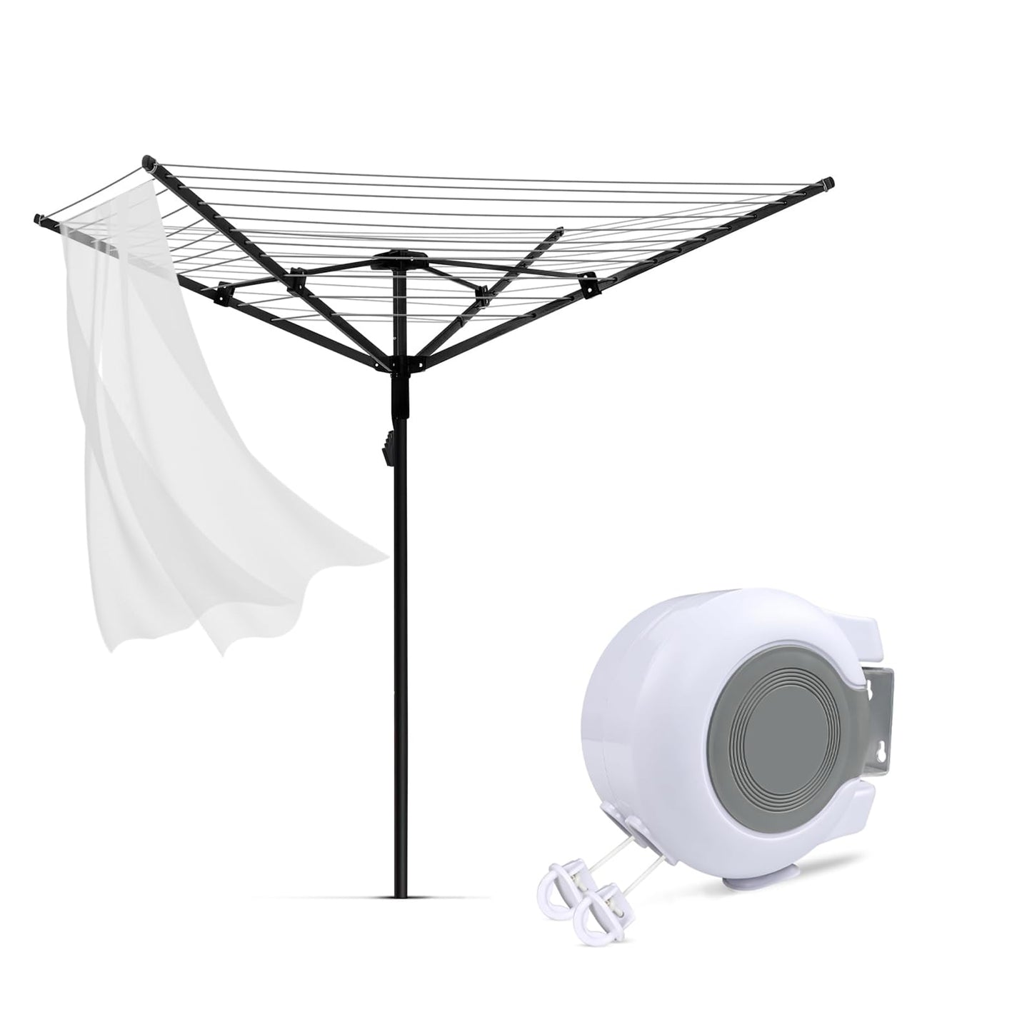 MEILANHUI Umbrella Clothesline Outdoor Rotary Drying Rack (165ft) + 49ft Heavy Duty Retractable Clothes Line Bundle – Adjustable Height, Compact, Weatherproof for Backyard, Balcony, Camping