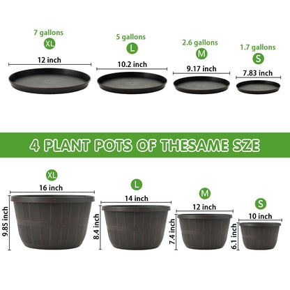 Quarut 16 Inch Brown Classic Plastic Whiskey Barrel Planters Set of 4 with Drainage Holes & Trays for Indoor & Outdoor Use