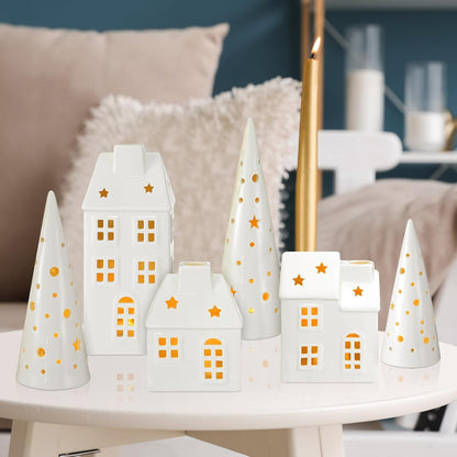 Newtay Ceramic LED Christmas Village Set - 3 Houses & 3 Trees for Festive Tabletop Decor | White Porcelain