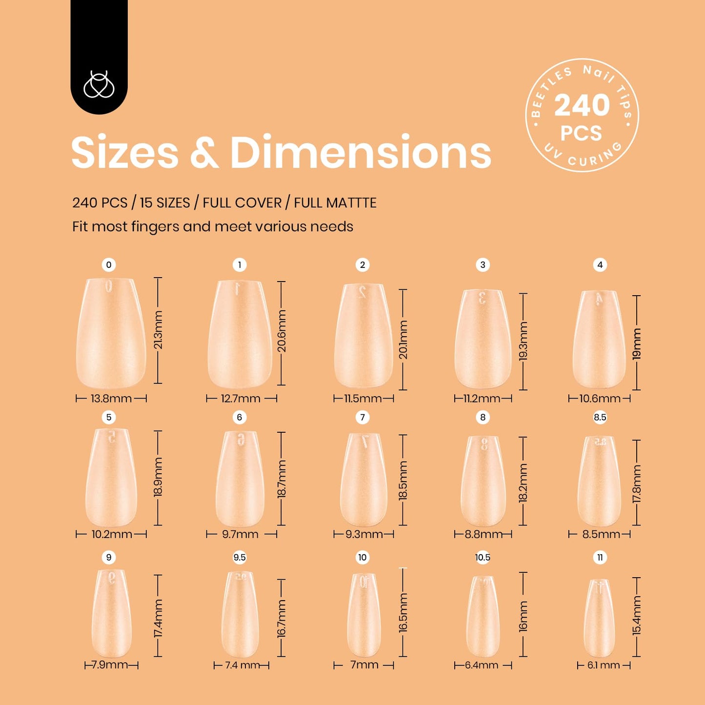 Beetles Gel Nail Extension Kit Almond Shape, Easy 9 in 1 Glue Uv Led Set Etch X Nail Tips Short Almond Half Matte Tips, Gift for Women & Girls, 504 pcs