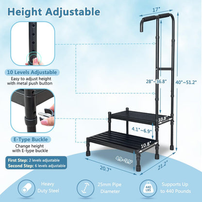 RV Steps with handrails 2 Steps Mobile Home Stairs Steps Outdoor Hot tub Steps with Two handrails Height Adjustable Step Stool Portable Stairs for 5th Wheel RV, Motor Home, Travel Trailer, Camper