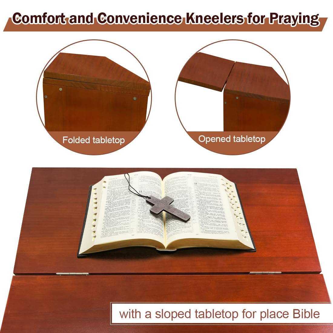 DOLEMODUO Wooden Prayer Kneeler with Storage Shelf & Cushion - Folding Prayer Bench for Home and Church, Comfortable Kneeling Devotional Pew Bench, 32" H x 22" W