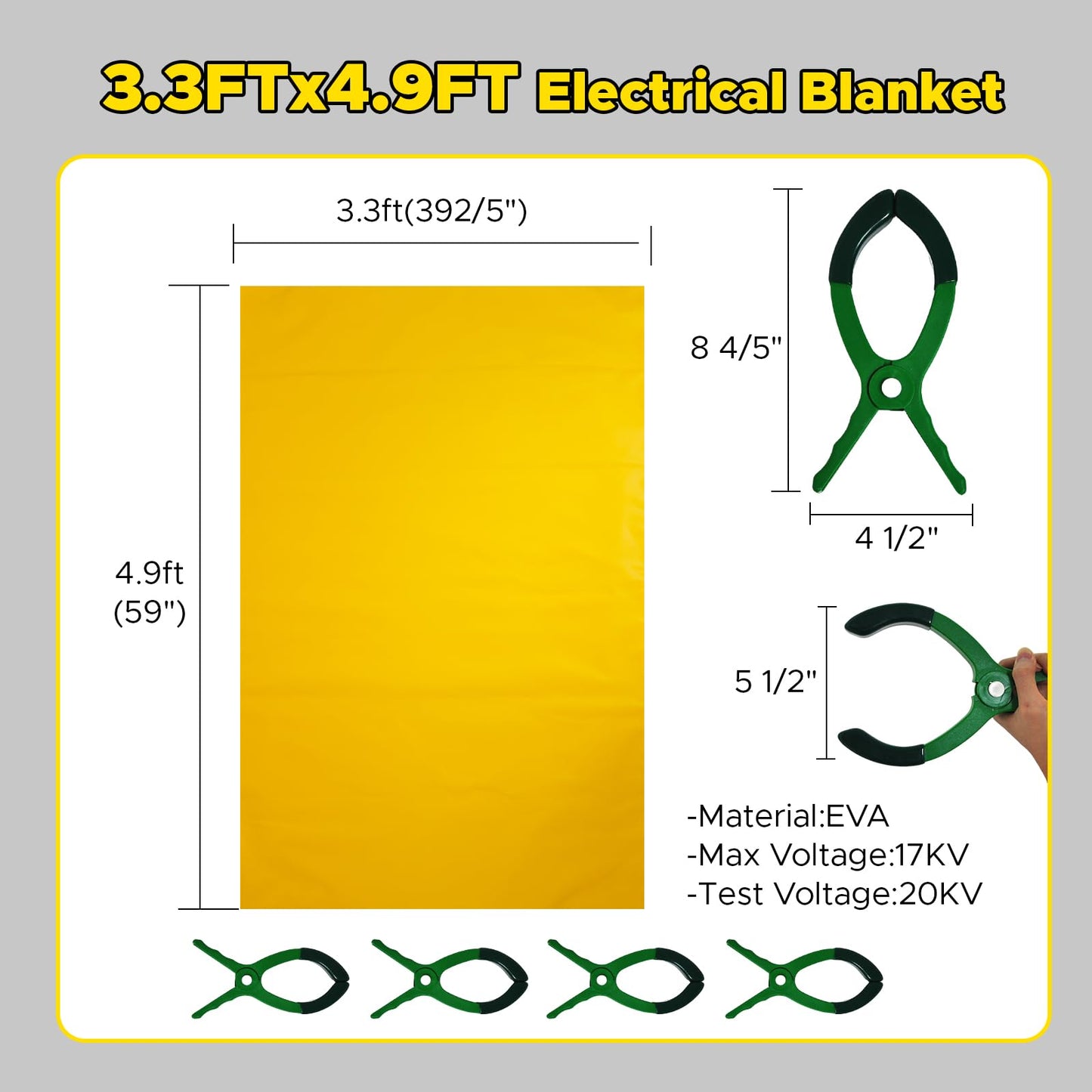 3.3' x 4.9' 17KV High Voltage Insulating Blanket with 4 Safety Clamps - EVA Electrical Insulated Mat for Substation Distribution Room, Yellow