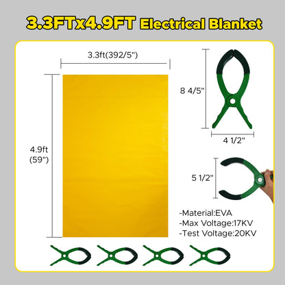 3.3' x 4.9' 17KV High Voltage Insulating Blanket with 4 Safety Clamps - EVA Electrical Insulated Mat for Substation Distribution Room, Yellow