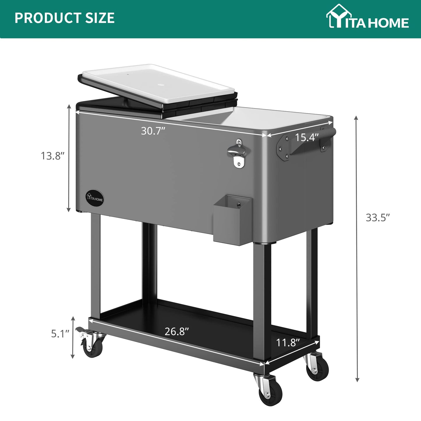 YITAHOME 80 Quart Rolling Cooler Cart with Bottle Opener Drainage, Portable Patio Cooler Rolling on Wheels, Outdoor Rolling Beverage Cart Drink Cooler for Patio Pool Deck Party BBQ Cookouts (Silver)