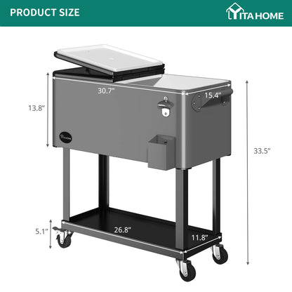 YITAHOME 80 Quart Rolling Cooler Cart with Bottle Opener Drainage, Portable Patio Cooler Rolling on Wheels, Outdoor Rolling Beverage Cart Drink Cooler for Patio Pool Deck Party BBQ Cookouts (Silver)