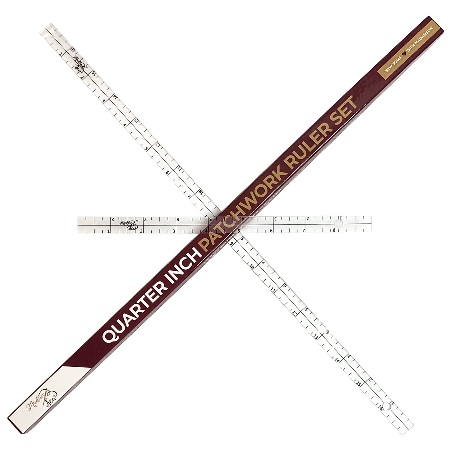 Madam Sew Exclusive | Quarter-Inch Patchwork Sewing Ruler Set | Includes 9" and 17" Quilting Rulers for Precise Marking and Measuring | ¼, ½, and 1" from Each Side | Non-Slip Coating Grips Fabric