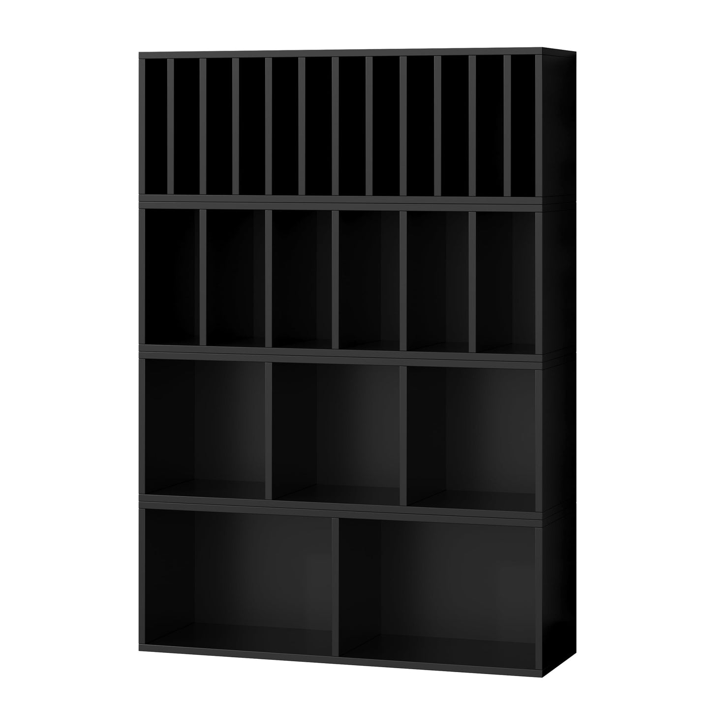 IOTXY DIY Modular Cube Bookcase - CubeXY Customizable Stackable Expandable Combination Set, 23-Cube Open Bookshelf for Books, Fabric Storage Bin, and 7/10-inch Vinyl Record Organizer, Black