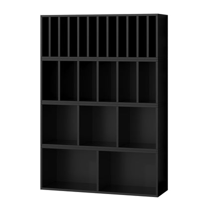 IOTXY DIY Modular Cube Bookcase - CubeXY Customizable Stackable Expandable Combination Set, 23-Cube Open Bookshelf for Books, Fabric Storage Bin, and 7/10-inch Vinyl Record Organizer, Black