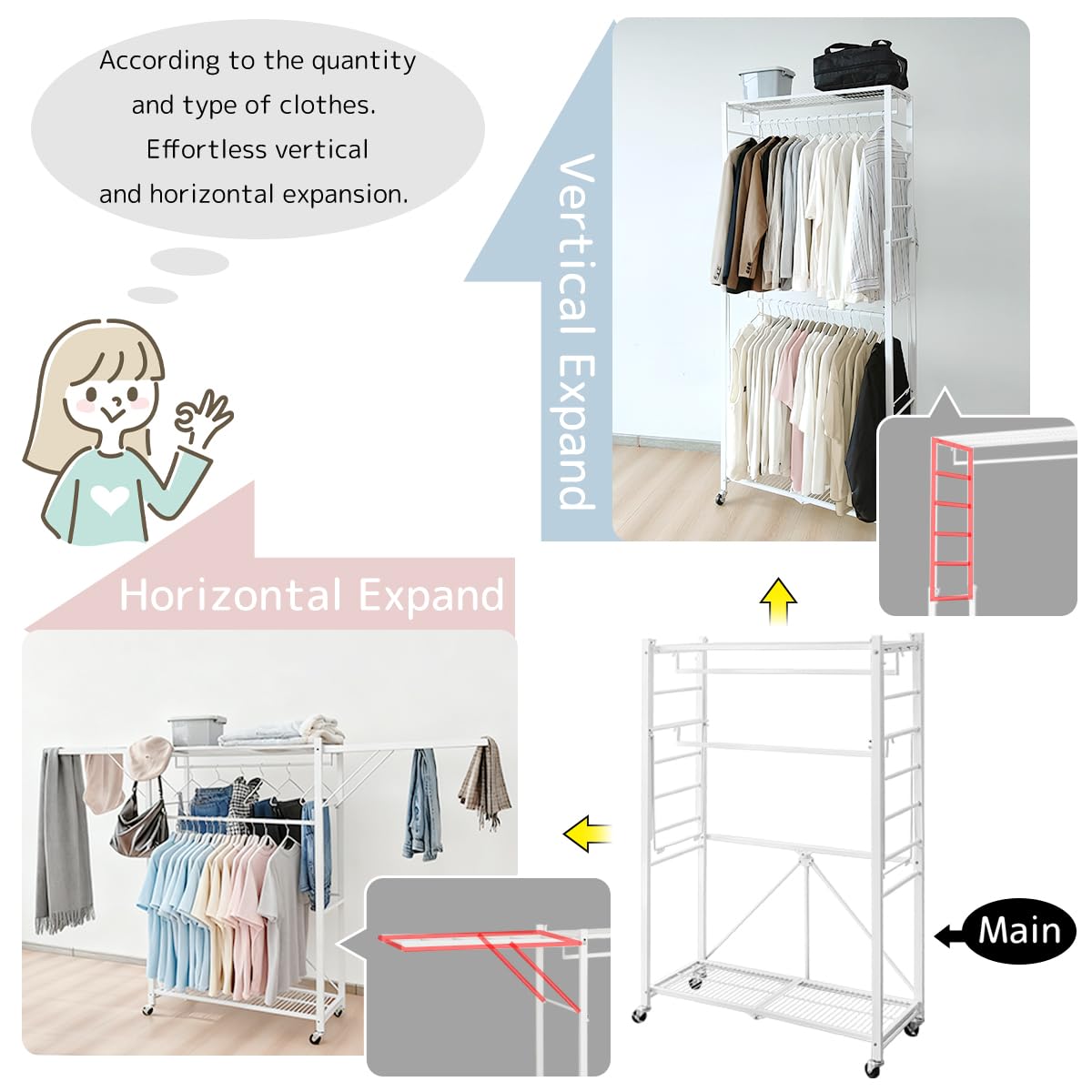 lumizone Folding Clothing Rack with Wheels Expandable Wardrobe Portable Clothes Rack for Hanging Clothes Adjustable Closet Shelves Garment Rack Durable Closet Racks for Hanging Clothes (Pro White)