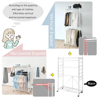 lumizone Folding Clothing Rack with Wheels Expandable Wardrobe Portable Clothes Rack for Hanging Clothes Adjustable Closet Shelves Garment Rack Durable Closet Racks for Hanging Clothes (Pro White)