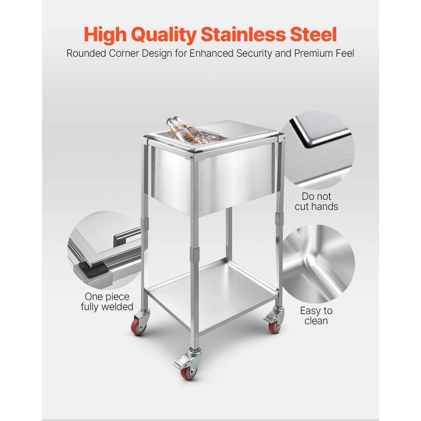VEVOR Rolling Ice Chest Cooler Cart, 20" L x 14" W x 38" H Stainless Steel Cooling Bin on Wheels, 29.6 Quart Outdoor Stand Up Cooler Trolley with Shelf, for Patio Backyard Party Bar Cold Drinks