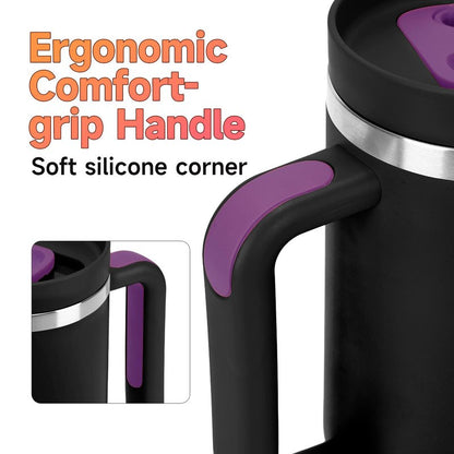 40oz Tumbler with Handle and Straw Spout 2-in-1 Lid, Spill Leak Proof Insulated Travel Cup Traveler Water Mug Keep Cold Hot, Dishwasher Safe Stainless Steel Bottle Gifts for Women Men, Black Purple
